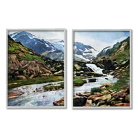 Stupell Sanayi Huzurlu Rocky Dağları Su Manzara Boyama Gri Çerçeveli Sanat Baskı Duvar Sanatı 2 Set, 11x14