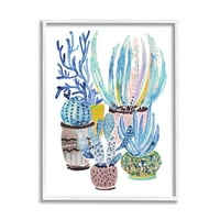 Aptal Desenli Mavi Kaktüs Bitkileri Botanik ve Çiçek Boyama Beyaz Çerçeveli Sanat Baskı Duvar Sanatı