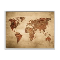 Designart 'Antik Dünya Haritası VII' Vintage Çerçeveli Tuval Duvar Sanatı Baskı