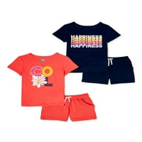 Çocuklar Garanimals Kızlar Grafik Baskı T-Shirt ve Düz Şort, 4 Parça Kıyafet Seti, 4-10 Beden