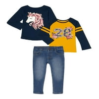 Garanimals Bebek Kız ve Toddler Kız Uzun Kollu Grafik T-Shirt ve Denim Kot, Kıyafet Seti