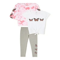 Tatlı Kelebek Kız Rahat Kapüşonlu Sweatshirt, Grafikli Tişört ve Tayt, 3'lü Kıyafet Seti, 4-16 Beden