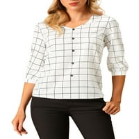 Benzersiz pazarlık kadın ekose bluz kol onay rahat V boyun üst beyaz M