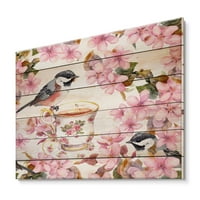 Designart 'Çay Bardağı Kuşları ve Pembe Çiçekler' Doğal Çam Ağacına Geleneksel Baskı