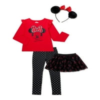 Minnie Mouse Kızlar Özel Moda Üst, Tutu Etek, Legging ve Başlığı, 4 Parça Kıyafet Seti, Boyutları 4-16